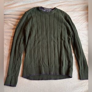 Nautica Mens Hunter Green Size L Heavy Knit Cotton Crew Neck Sweater Fall